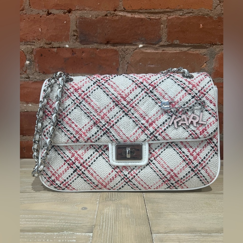 NWT Karl Lagerfeld Agyness Pink and White Tweed Shoulder Bag with Plaid Design